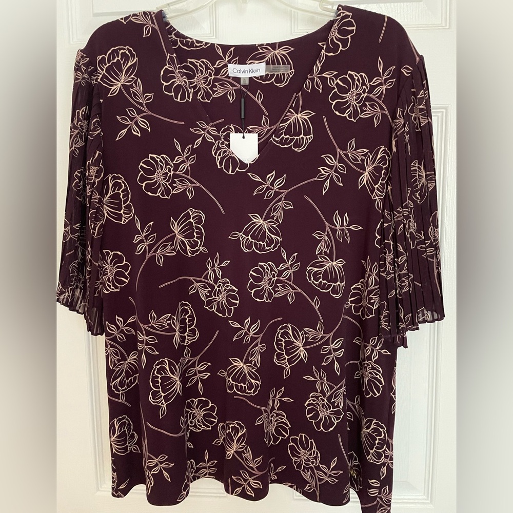Calvin Klein Deep Burgundy/Purple Blouse with Floral Pattern